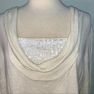 Cream cowl neck sweater w/sequin modesty panel